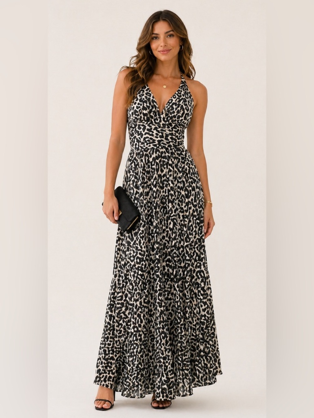 Laundry By Shelli Segal Leopard Print Halter Maxi Dress Black White Pleated Sz 2